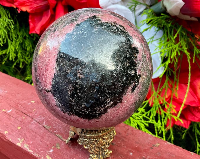 Large Rhodonite Crystal Ball: 4" Pink & Black Sphere, Reiki Altar Decor