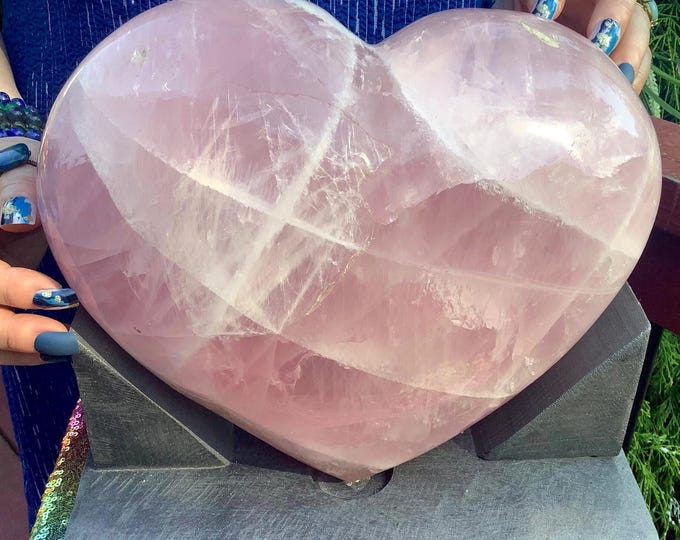 Rose Quartz Crystal Heart ~ Large 24 Lb. ~ 10" Wide with a Free-Standing Custom Display Stand ~ Angelic Baby Pink Colors