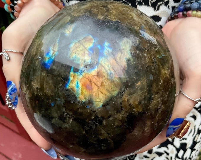 Labradorite Crystal Ball ~ Large 9 Lb. ~ 5" Wide ~ Flashy Iridescent Blue Gold Green Sphere ~ Black Tourmaline Inclusions ~ Free Shipping ~