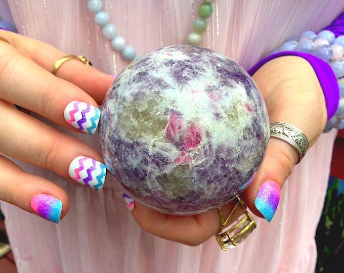 Lepidolite Crystal Ball ~ 15 oz.~ 3" Wide ~ Sparkling Lilac Colors ~ Crown Chakra, Reiki, Altar, Feng Shui Display ~ Free & Fast Shipping ~