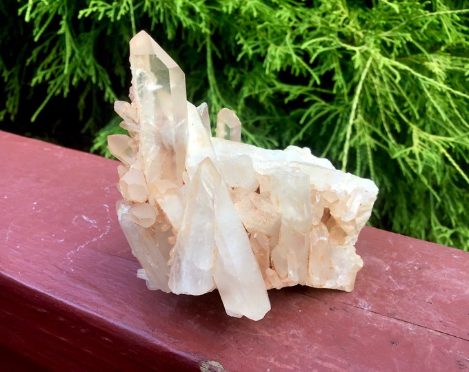 Lemurian Frosted Quartz Crystal Cluster ~ 7.3 oz.~ 3" Long ~ Beautiful Points Orange Pink Hue ~ Ancient Crystal ~ Fast & Free Shipping ~