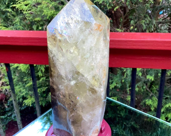 Clear Citrine Quartz Crystal Point ~ 4 Lb.  8 oz. ~ 9" Tall~ Sparkling Yellow with Golden Rainbow Inclusions ~ Custom Hand Carved Stand