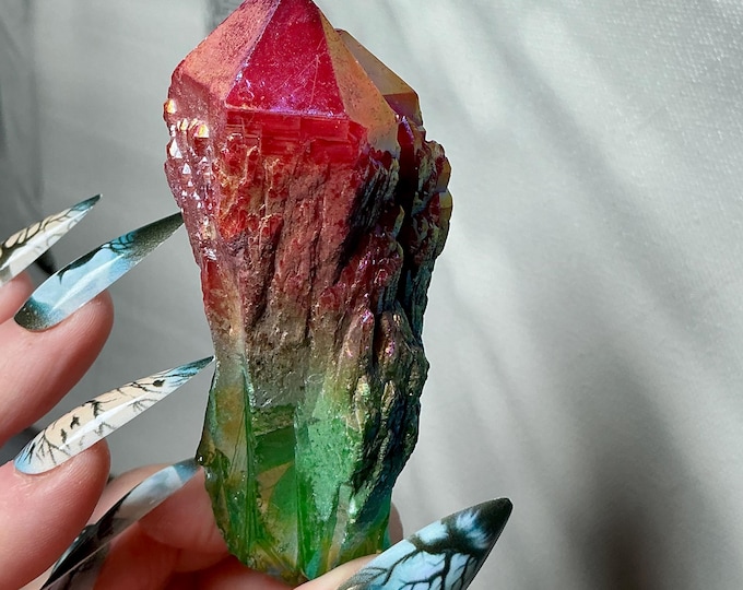 Aura Quartz Elestial Crystal Point ~ Sparkling Red & Green ~ 3.8 oz. ~ 3 1/2" Long