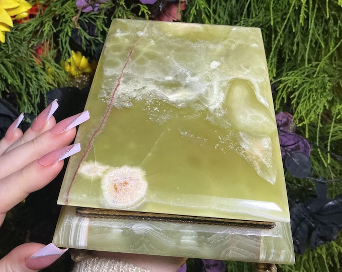 Afghan Jade Jewelry Box with Hinged Lid ~7" Long ~ Vintage Hand Carved Display Charging Box ~ Swirling Green, White & Golden Pattern