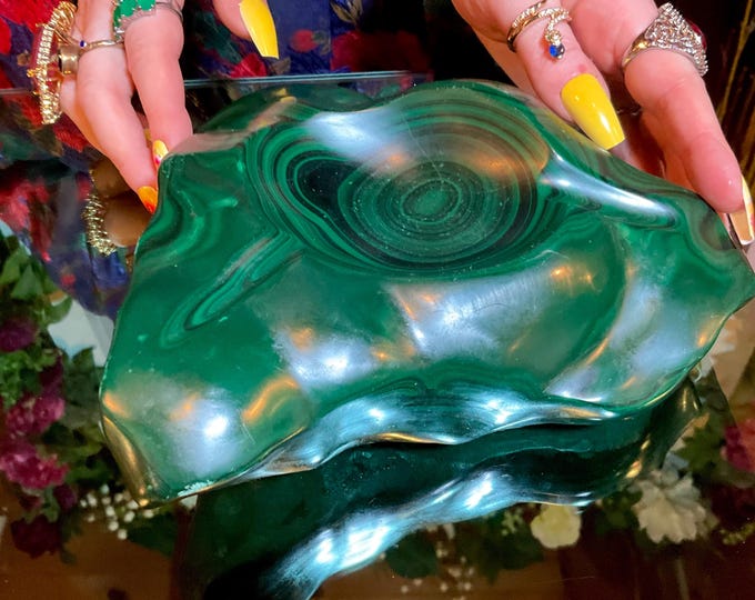 Malachite Crystal Bowl ~ 7 Lb. 9 oz. - 8" Long ~ Vintage Green Mineral Specimen ~ Swirling Bulls Eye Patterns, from Congo, Africa