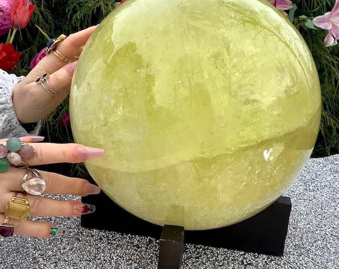Huge Citrine Crystal Ball ~ 47 lb. ~ 9" Wide ~ Golden Sunshine Rainbow Colors ~ Custom Wooden Display Stand ~ Fast & Free Shipping from USA