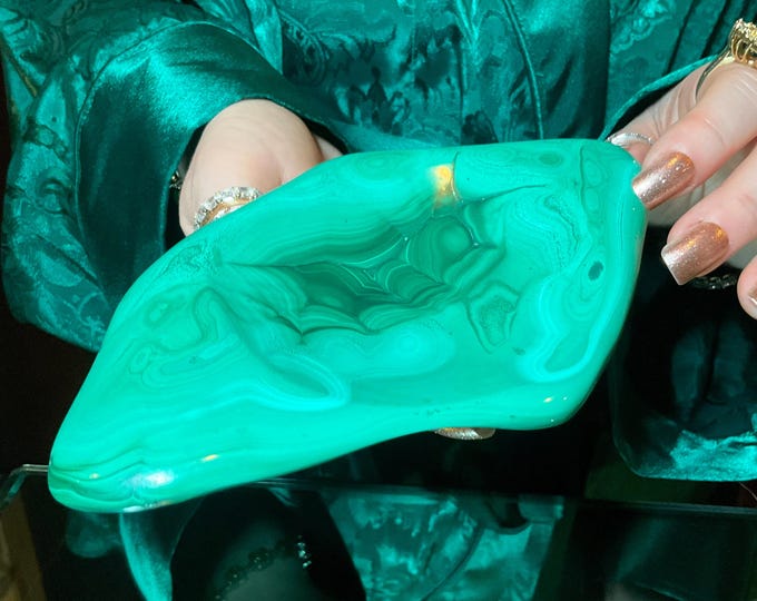 Malachite Crystal Bowl ~ 15 oz. ~ 6 1/2" Long ~ Vintage Charging Dish ~ Green Mineral Specimen ~ Swirling Bulls Eye Patterns