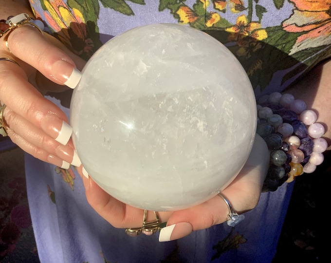 Snow Quartz Crystal Ball ~ Large 4 Lb. 3 oz. ~ 4" Wide Polished Clear Sphere ~ Reiki Altar Feng Shui Display ~ Gorgeous Glowing White Ball