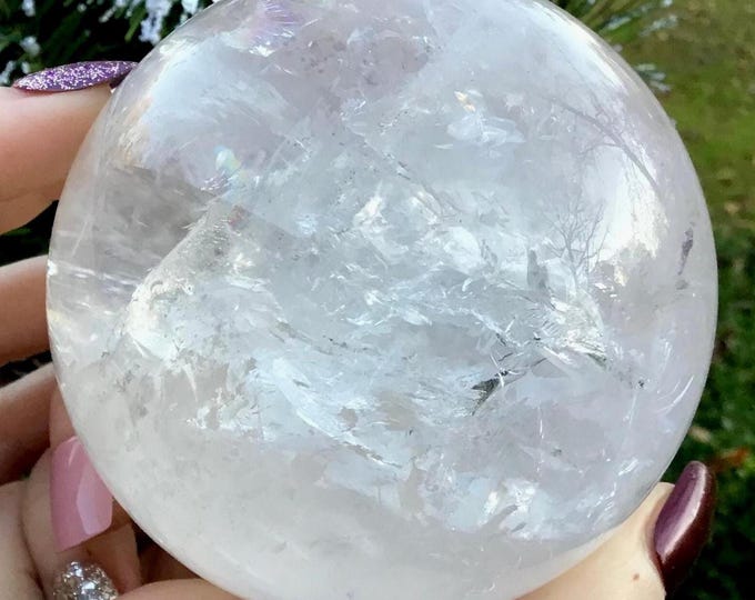 Clear Quartz Crystal Ball ~ 1 Lb. 9 oz. ~ 3" Wide ~ Reiki, Altar Display, Feng Shui, Meditation, Metaphysical Home Decor, Rainbow Inclusions