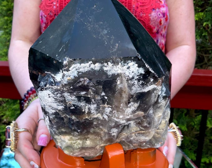 Black Morion Quartz Display Crystal 11 Lb. 14 oz.  Single-Terminated Point Cluster ~ 9" Tall ~Natural Black Color ~ Custom Hand Carved Stand