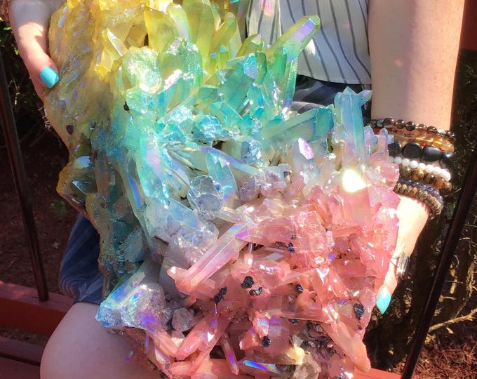 Rainbow Aura Quartz Crystal Cluster ~ Large 27 lb. 15 oz. ~ 14" Long ~ Sparkling Pink, Green, Blue, Yellow Colors ~ Fast & Free Shipping