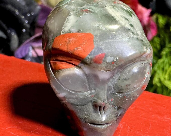 CLEARANCE ~ African Bloodstone Alien Mini Skull Crystal 5 oz. ~ 2" Tall ~ Expertly Hand Carved Sculpture ~ Red and Green ~ One-of-a-Kind