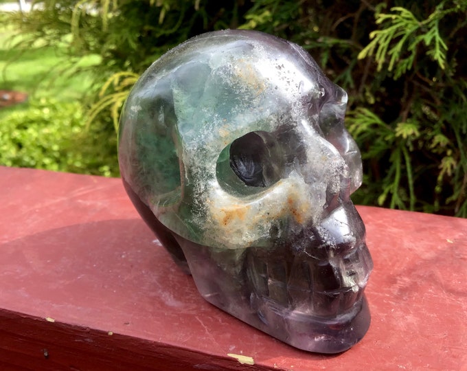 Rainbow Fluorite Crystal Skull ~ Large 1 Lb. ~ 2 1/2" Tall ~ Hand Carved ~ Translucent Green & Purple Crystal Sculpture ~ Fast Free Shipping