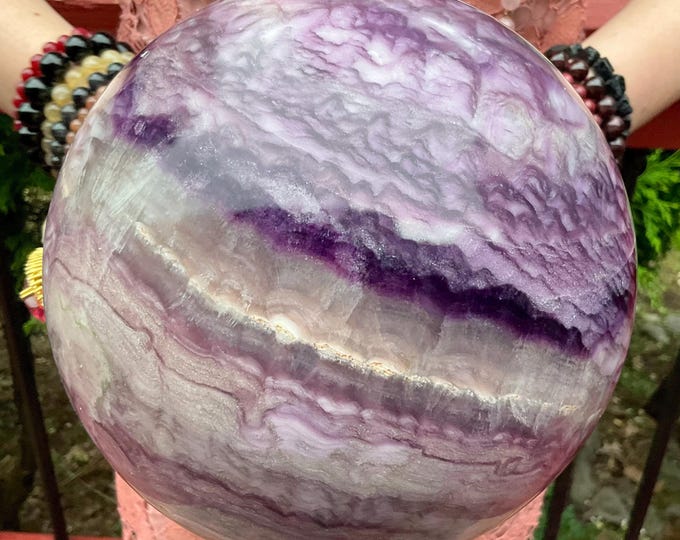 Purple Fluorite Crystal Ball ~ Large 19 Lb. ~ 7" Wide ~ Swirling Violet & White Colors ~ Crown Chakra Reiki Altar Centerpiece Display Sphere