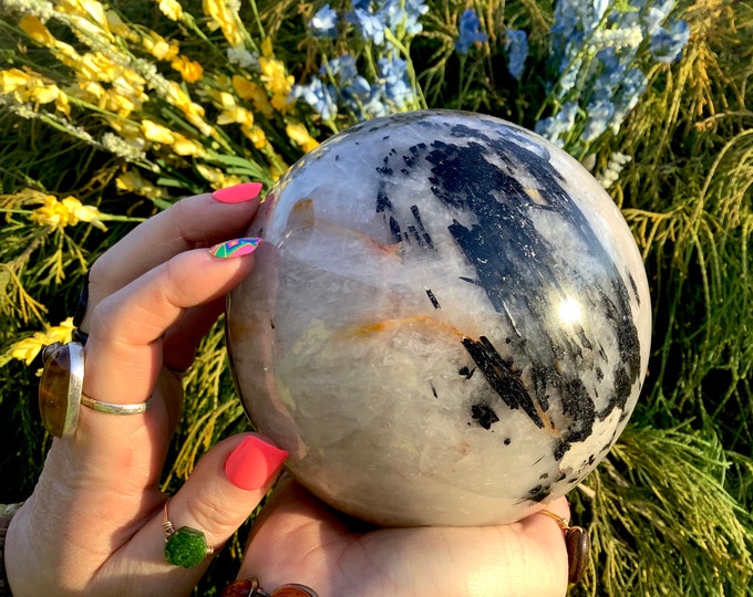 Black Tourmaline Crystal Ball ~ Large 6 lb 11 oz. ~ 5" Wide ~ Polished Quartz Sphere ~ ~ Swirling Thick Tourmalated Hairs ~ Display Specimen