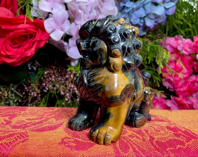 Tigers Eye Crystal Foo Dog ~ 1 Lb. ~ 4" Tall ~ Hand Carved from South Africa ~ Sparkling Gold, Blue & Black Colors ~ Fast and Free Shipping