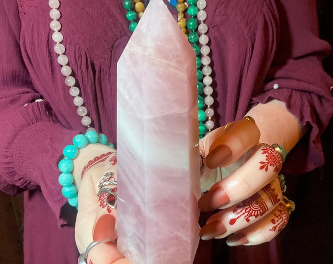 Rose Quartz Crystal Large 1 lb. Generator ~ 6" Tall Tower ~ Swirling Pink & White Colors ~ Fast Free Shipping, U.S.A. + Global Shipping