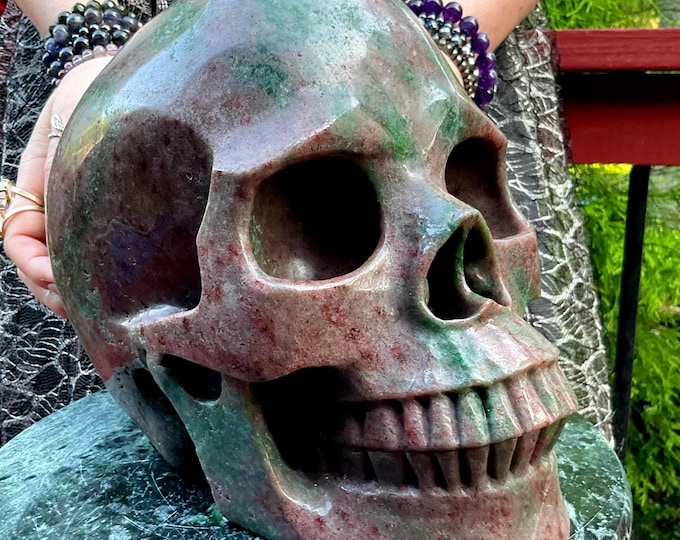 Huge 30 Lb. Red Garnet & Green Garnet (Tsavorite) Crystal Skull ~ 10" Long ~ Stunning Metaphysical Home Decor ~ Reiki, Altar, Centerpiece
