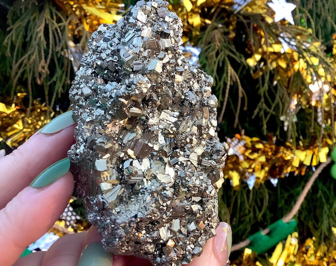 Pyrite Crystal Cluster ~ Large 12 oz. ~ 3 1/2" Long ~ Super Sparkling Golden Specimen ~ Meditation Stone, Altar, Feng Shui ~ Free Shipping