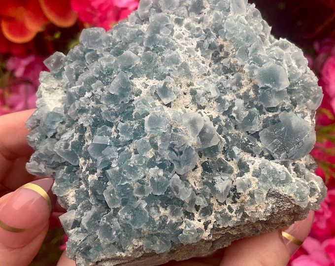 Blue Fluorite Crystal Cluster ~ 15 oz. 4" Long ~ Natural Feldspar Matrix ~ Cubic Formation ~ Fast & Free Shipping from U.S.A.