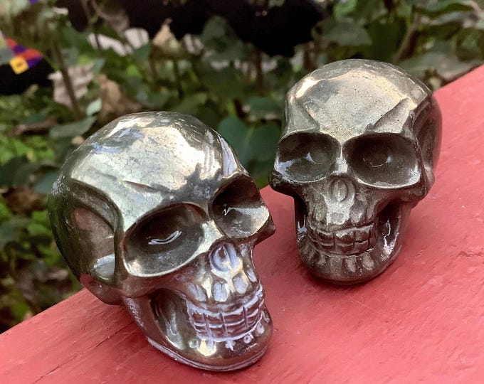 Pyrite Crystal Skull Duo ~ 9 oz. ~ 2 Golden Specimens ~ Meditation, Prosperity Altar, Grids, Reiki, Metaphysical Decor, Fast & Free Shipping