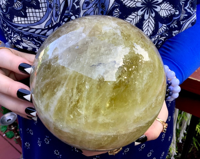 Citrine Crystal Ball ~ Large 9 Lb. 11 oz. Polished Quartz Sphere~ 6" Wide ~ Golden Banded ~ Stunning, Shimmery, Sparkling Rainbow Inclusions