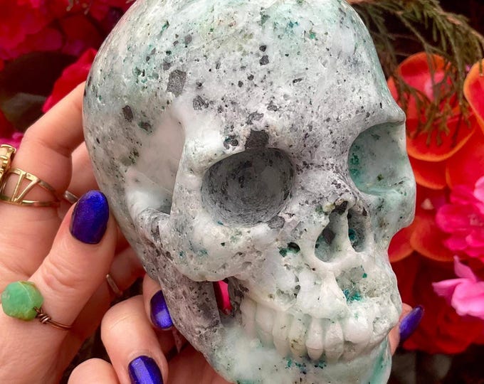 Chrysocolla Crystal Skull ~ 2 Lb. 14 oz. ~ Swirling Green & Blue Colors ~ 5" Long ~ Expertly Hand-Crafted Sculpture ~ Throat Chakra Display