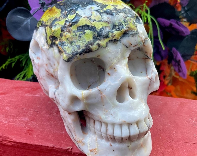 Electric Green Jasper Crystal Skull ~ Large 3 Lb. ~ 5" Long ~ Hand Carved ~ Free Standing Display Sculpture ~ Swirling Green & Black Colors