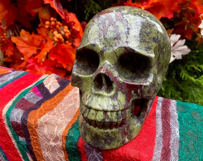 Dragon Bloodstone Crystal Skull ~ 3 Lb. 6 oz. ~ 5" Long ~ Stunning Red and Green Colors ~ Beautiful Display ~ Fast & Free Shipping, U.S.A. ~