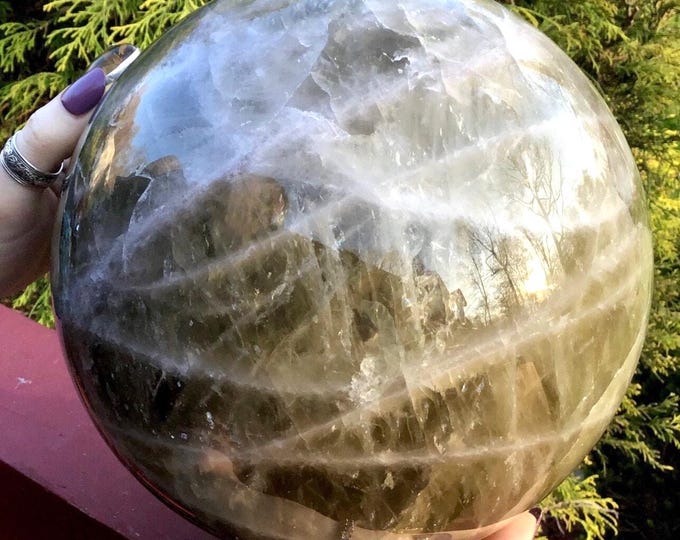 Smokey Citrine Crystal Ball ~ Large 24 lb. ~ 8" Wide ~ Swirling White Quartz Bands ~ Sparkling Silver Inclusions ~ Fast Shipping from U.S.A.