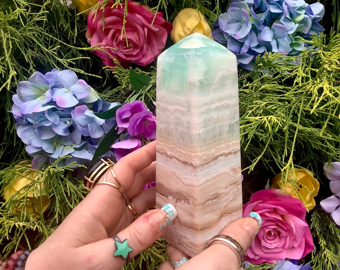 Caribbean Blue Calcite Crystal Generator ~ 1 Lb. 13 oz. ~ 6" Tall Tower ~ Sparkling Blue & White Colors ~ Aragonite ~ Fast Free Shipping
