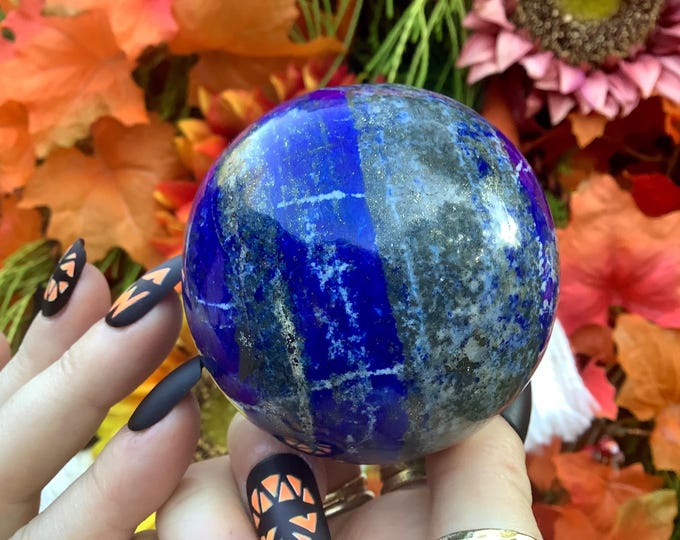 Lapis Lazuli Crystal Ball ~ Large 1 Lb. ~ 2 1/2" Wide ~ Sparkling Pyrite Inclusions ~ Indigo Blue Color ~ Third Eye Chakra Healing Altar ~