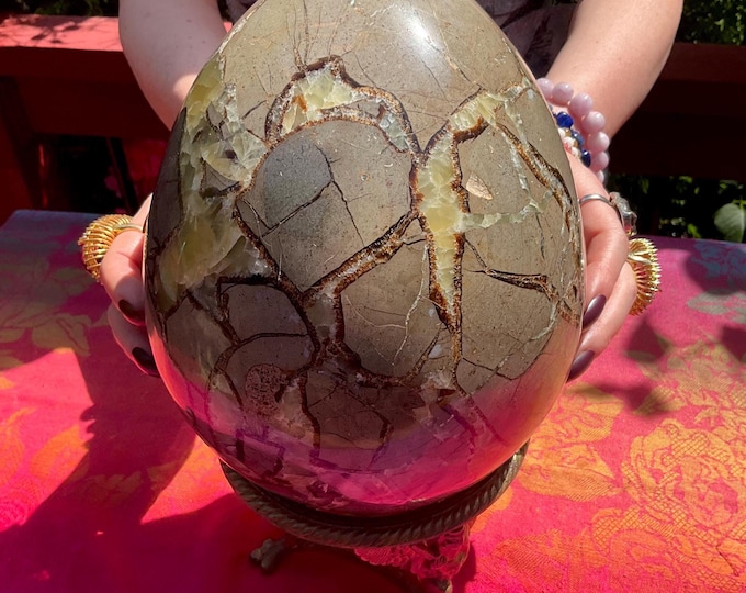 Septarian Dragon Stone Crystal Egg ~ Large 18 Lb. ~ 8" Tall with Vintage Display Stand ~ Reiki, Altar Décor, Feng Shui, Meditation Display