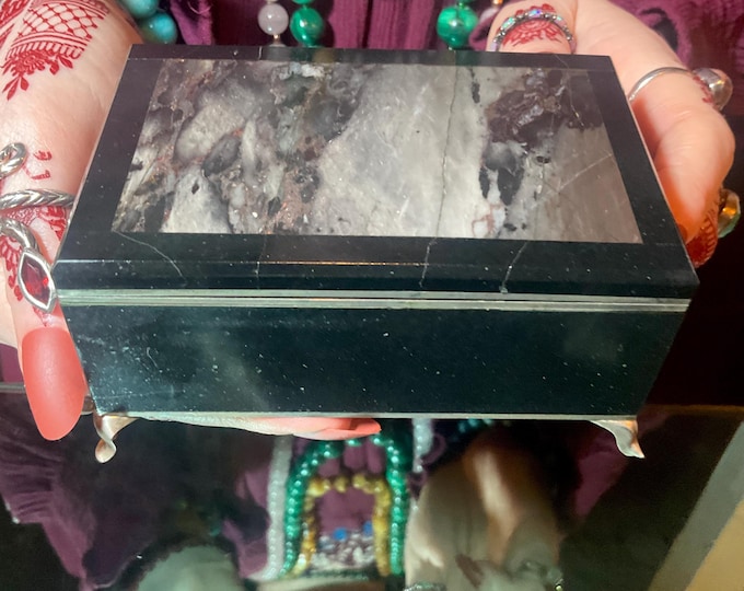 Picasso Jasper Jewelry Box w/ Hinged Lid ~ 4" Long ~ Vintage Hand-Crafted Ural Mountains~ Swirling Gray & Black Colors