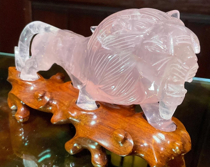 Vintage Rose Quartz 9 oz. African Lion ~ 5" Long ~ Hand Carved Museum Quality ~ Transparent Pink & Clear Colors ~ Spirit Animal Totem