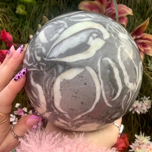 Fossilized Jasper Crystal Ball ~ Large 10 Lb 14 oz.~  6&quot; Wide ~ Polished Sphere w Silver Metal Stand ~ Swirling Gray, White and Black Colors