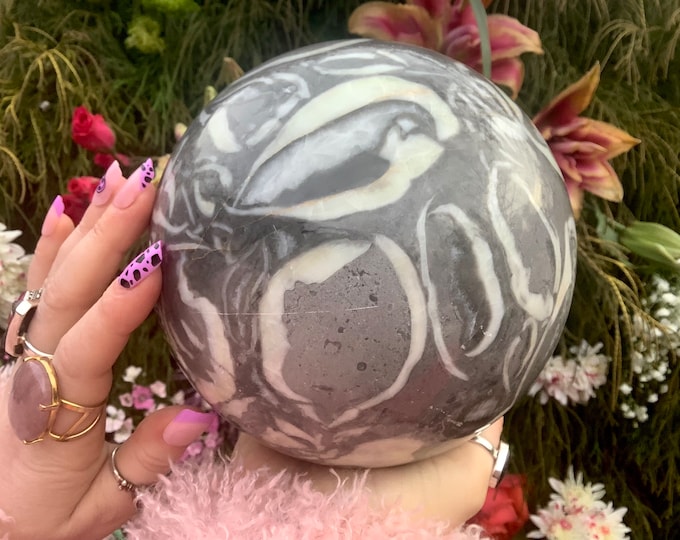 Fossilized Jasper Crystal Ball ~ Large 10 Lb 14 oz.~  6" Wide ~ Polished Sphere w Silver Metal Stand ~ Swirling Gray, White and Black Colors
