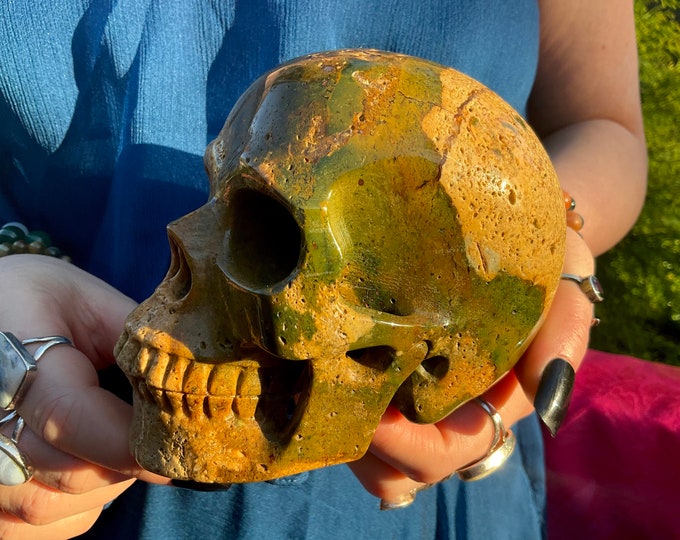 Gold Green Jasper Crystal Skull ~ Large 2 Lb 11 oz ~ 5" Long High Quality ~ Hand-Carved Life-Size Sculpture ~ Vivid Colors ~ Free Shipping