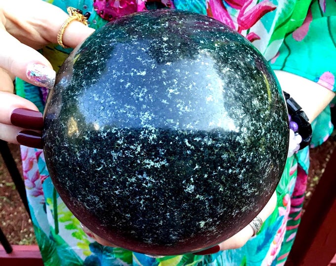 Black and Green Tourmaline Crystal Ball ~ Large 8 Lb. 13 oz. ~ 4 1/2“ Wide ~ Pyrite Inclusions ~ Root Chakra, Altar Display, Reiki Decor ~