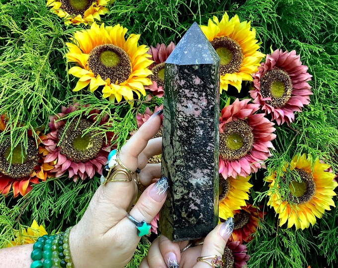 Rhodonite Crystal Generator ~ Large 2 Lb. 3 oz. ~ 7 1/2" Tall ~ Black, White and Pink Colors, Self Standing ~ Fast Shipping from U.S.A. ~