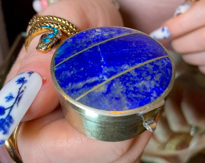 Lapis Lazuli Pill/ Snuff/Trinket Box with Hinged Lid ~ 1" Round ~ Handmade from Afghanistan ~ Vintage Antique Box ~ Blue with Gold Pyrite