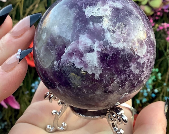 Lepidolite Crystal Ball w/ Display Stand ~ 14 oz. ~ 2" Wide ~ Sparkling Purple Colors ~ Reiki, Altar, Feng Shui ~ Free & Fast Shipping, USA
