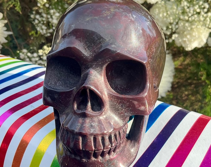 Red Garnet & Hematite Crystal Skull Large 2 Lb. 14 oz. Carving ~ 5" Long ~ Swirling Colorful Red and Black Inclusions ~ Expertly Hand Carved