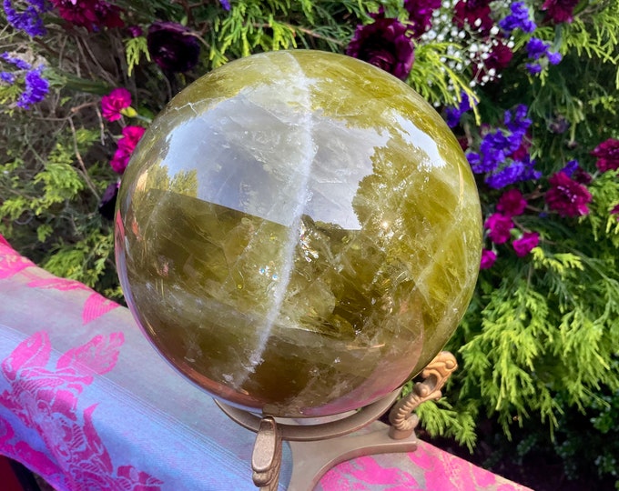 Large Citrine Quartz Crystal Ball with Brass Stand (6" Wide, 11 Lb. 14 oz.)