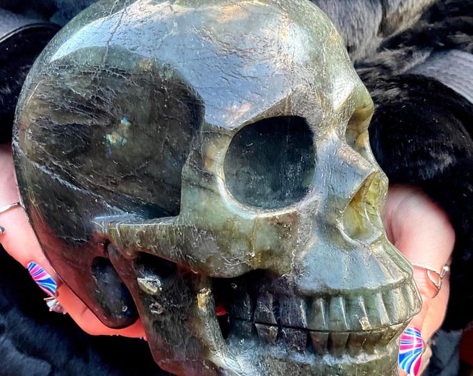Labradorite Crystal Skull ~ Large 7 Lb. 2 oz.  ~ 6" Long ~ Flashing Blue Rainbow Colors ~ Beautifully Hand Carved Sculpture