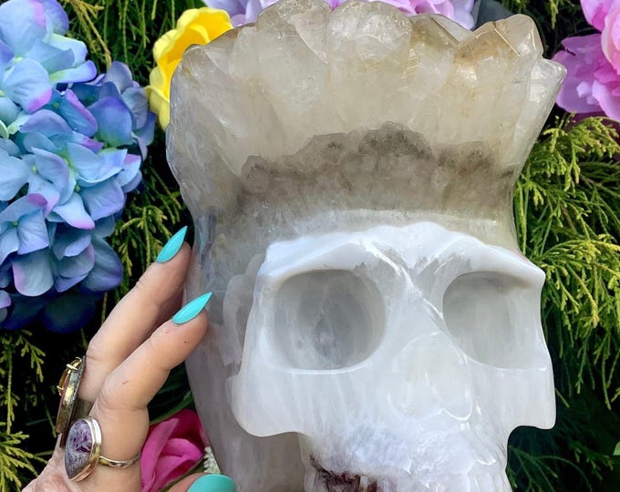 Quartz Crystal Skull ~ Large 10 Lb. 4 oz. ~ 7" Tall ~ Hand Carved ~ Clear Points ~ Translucent White Agate Inclusions ~ Ships Fast from USA