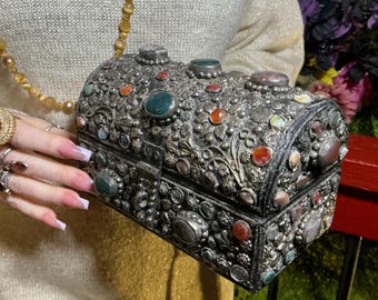 Vintage Agate Inlaid Moroccan Jewelry Box ~ Moorish Dome Top W