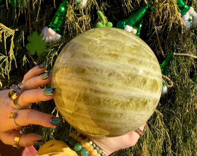Citrine Crystal Ball ~ Large 11 Lb. 7 oz. ~ 6" Wide ~ Big Polished Sphere ~ Golden Yellow with White Quartz Bands ~ Sparkling Inclusions