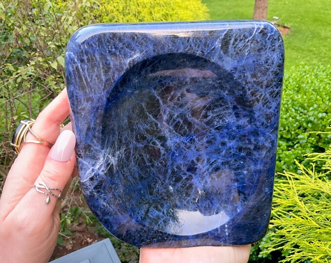 Vintage Blue Sodalite Crystal Bowl: Hand-Carved Mineral Specimen, 7" Long