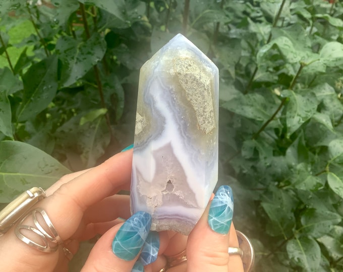 Blue Lace Agate Crystal Generator ~ 5 oz. ~ 3 1/2" Tall ~ Vibrant Patterns Sparkling Colors, Druzy Caves, Rare Specimen ~ Fast Free Shipping
